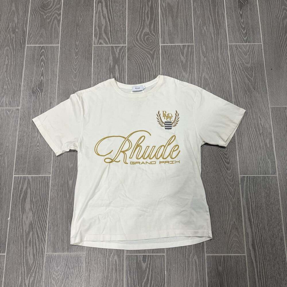 Rhude Grand Prix Cream T-Shirt with Gold Script Logo, Unisex, Small